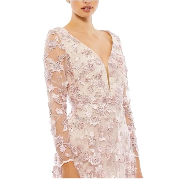 Mac Duggal 70224 Floral Embroidered Long Sleeve Illusion Gown Rose Pink Size 12 - Picture 2 of 7